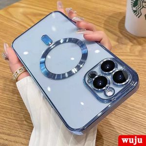 WUJU Plating Luxury Wireless Charging Transparent Magnetic Phone Case For iPhone 14